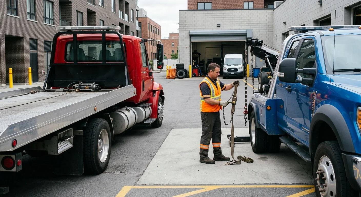 A driver speaking with a tow lot attendant at the office window, holding a clipboard with an inventory list