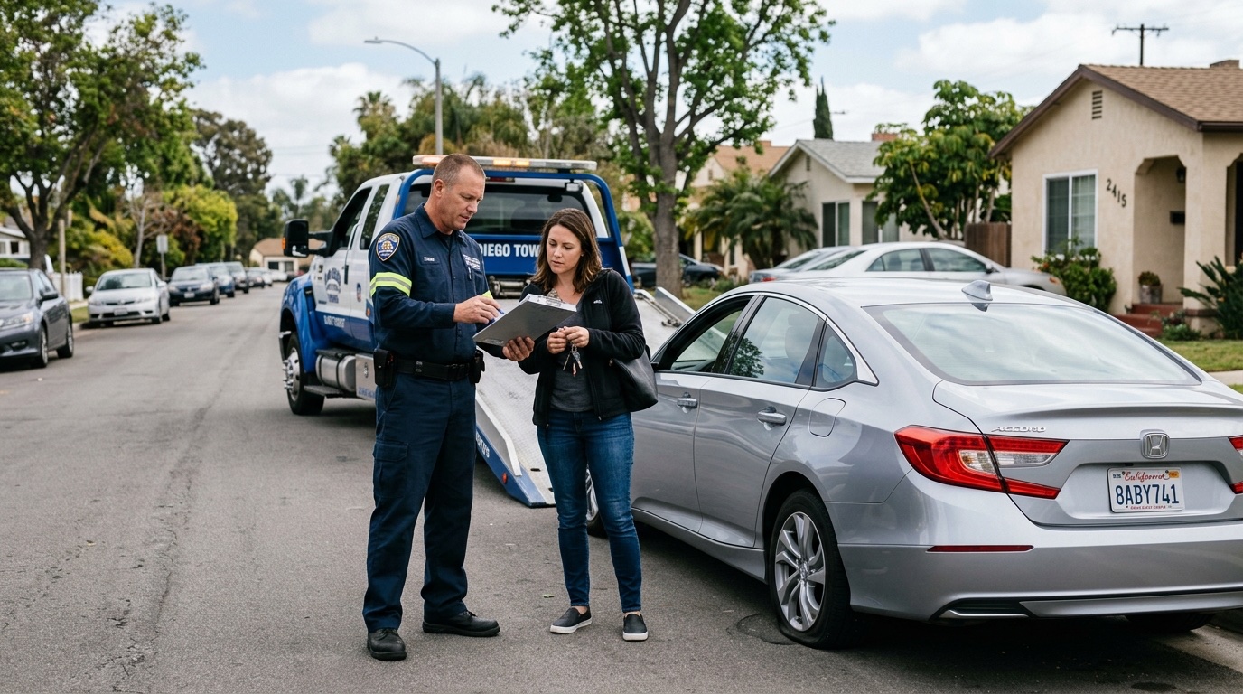 Metro Atlanta tow operator and customer discussing service options on an expressway shoulder