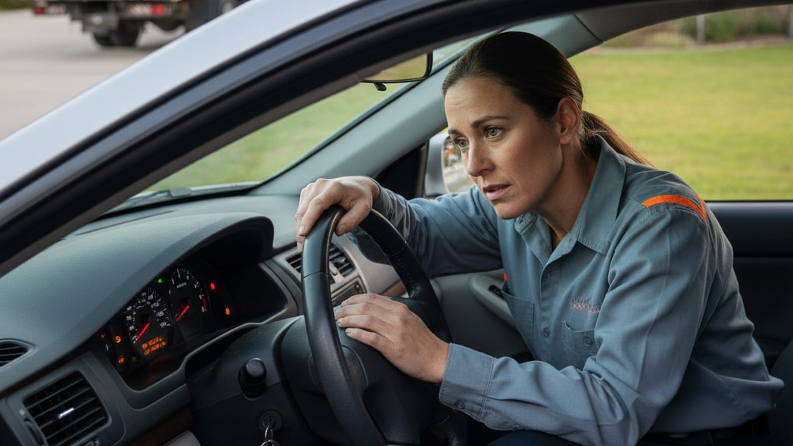 Driver checking dashboard warning lights on a parked car in a Metro Atlanta driveway