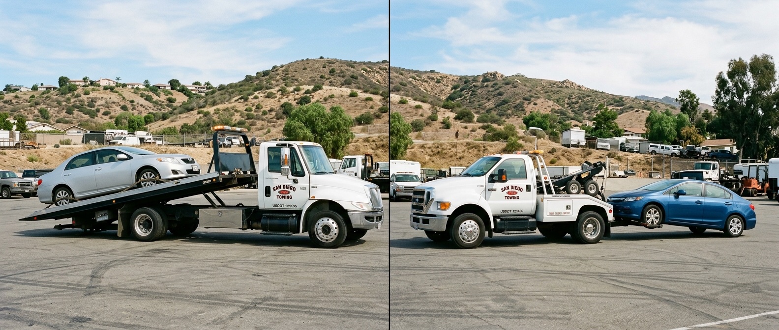 Side-by-side comparison of a flatbed tow truck and a wheel-lift tow truck loading vehicles in a Metro Atlanta service yard