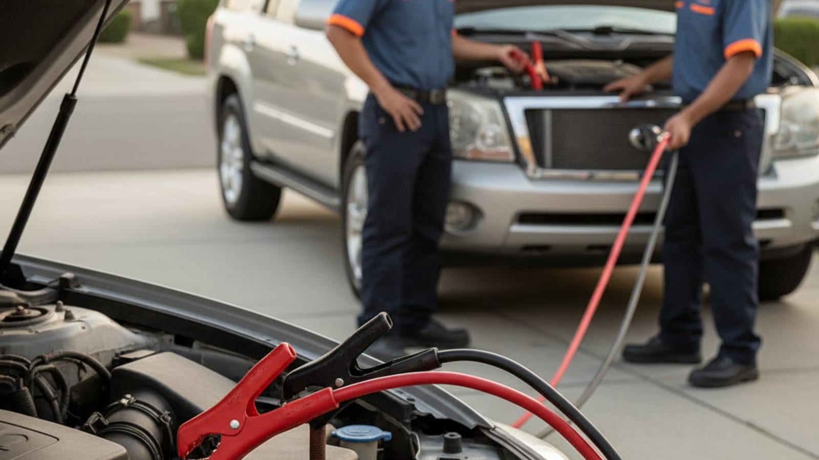 Close-up of jumper cables connected between two car batteries with the donor vehicle running in a Metro Atlanta driveway