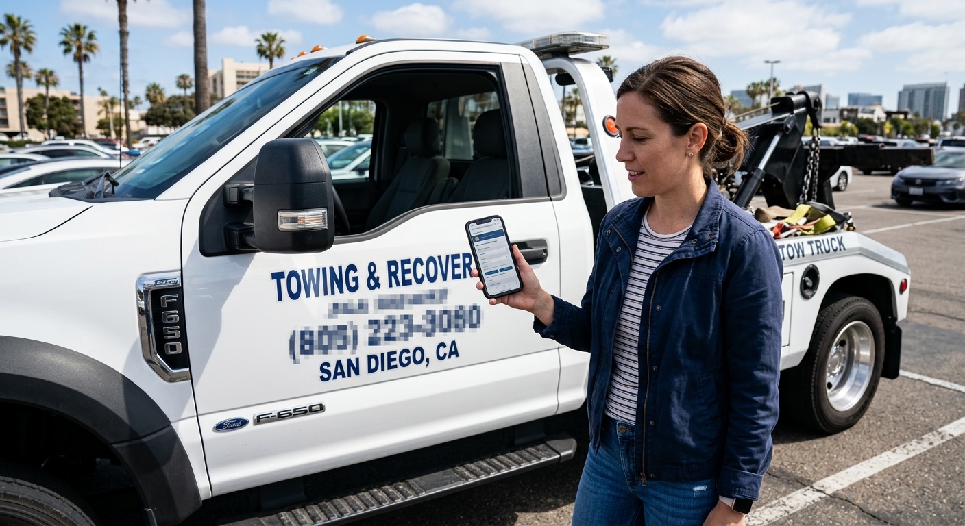 Customer checking a tow operator's credentials on a smartphone in a Metro Atlanta parking lot