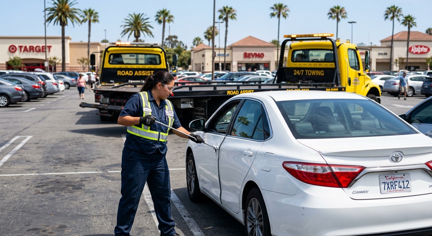 Independent operator using a long-reach lockout tool to unlock a sedan in an Atlanta shopping center parking lot