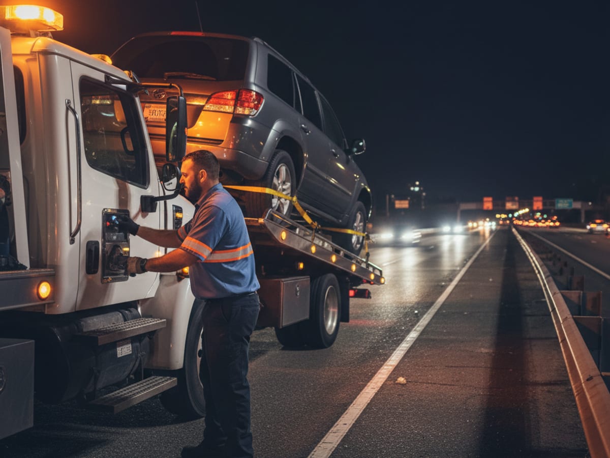 Independent operator loading a disabled SUV onto a flatbed on the Downtown Connector shoulder at night