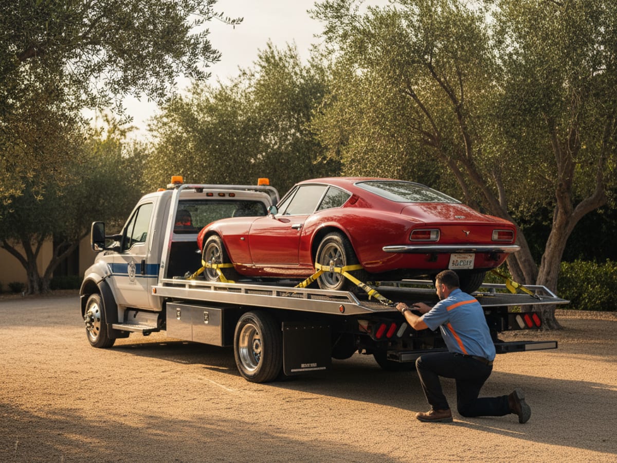 Independent operator low-clearance flatbed carefully loading a classic Porsche with soft-tie wheel nets in a metro Atlanta suburb
