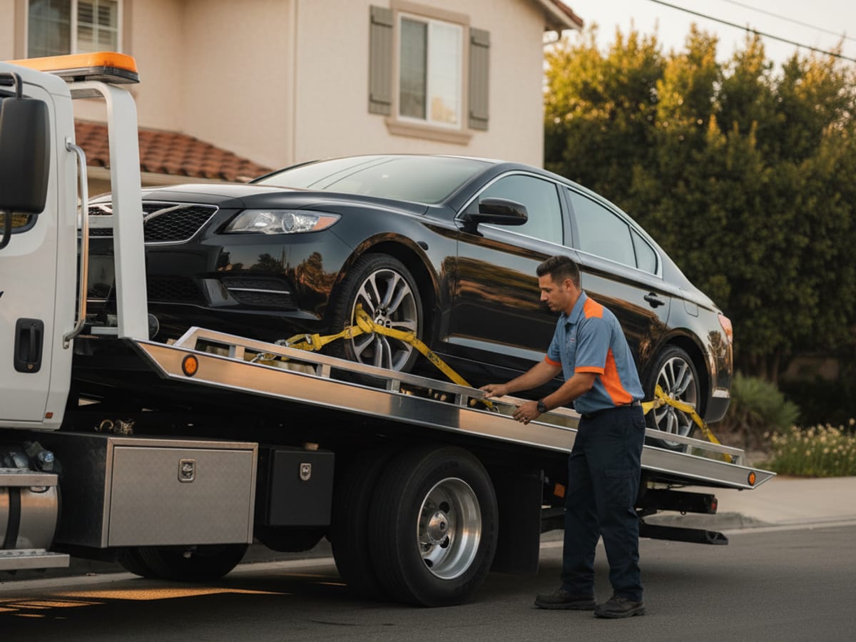 Independent operator rollback flatbed loading a Tesla with soft straps on a residential Atlanta street