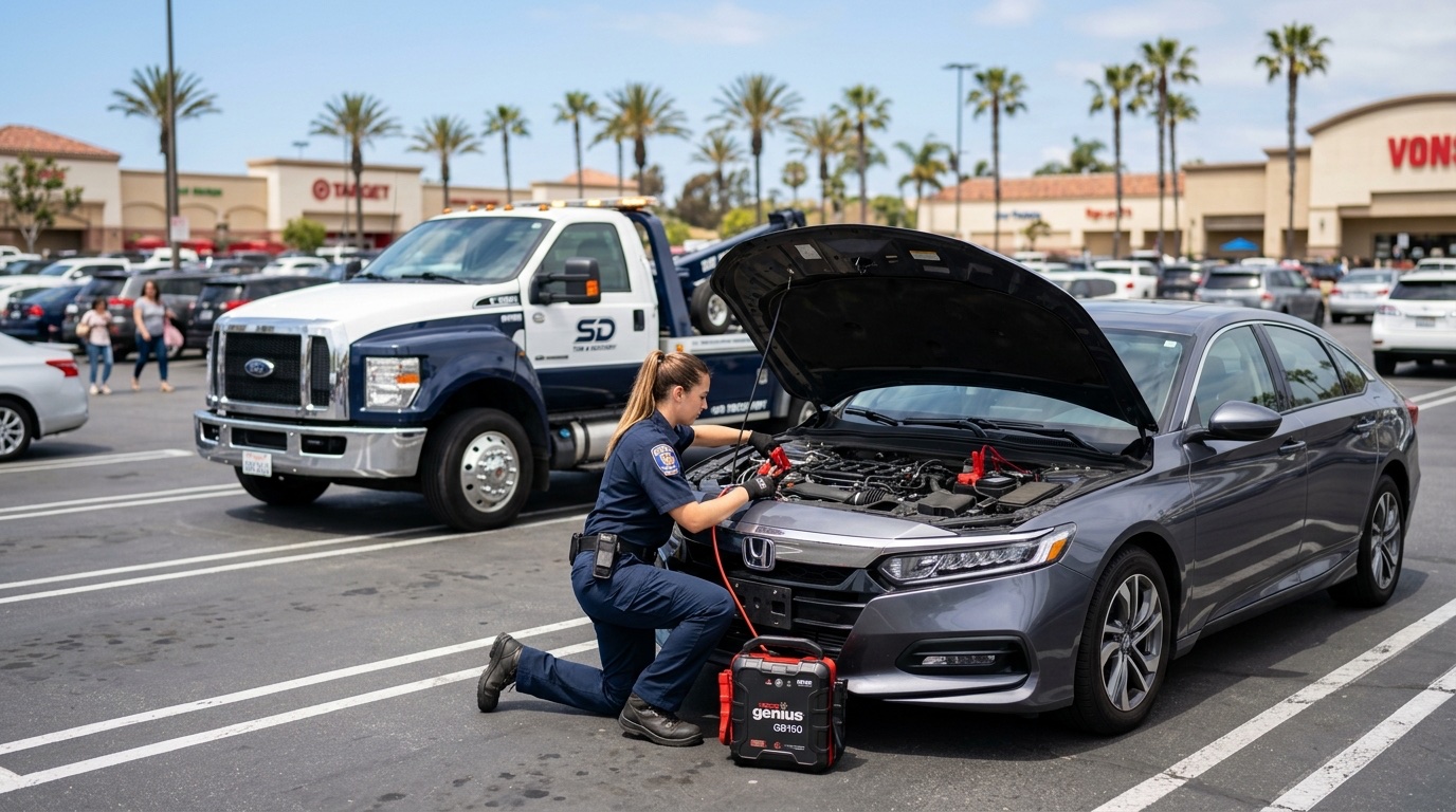 Independent operator connecting a commercial jump pack to a dead battery in an Atlanta parking lot during daylight