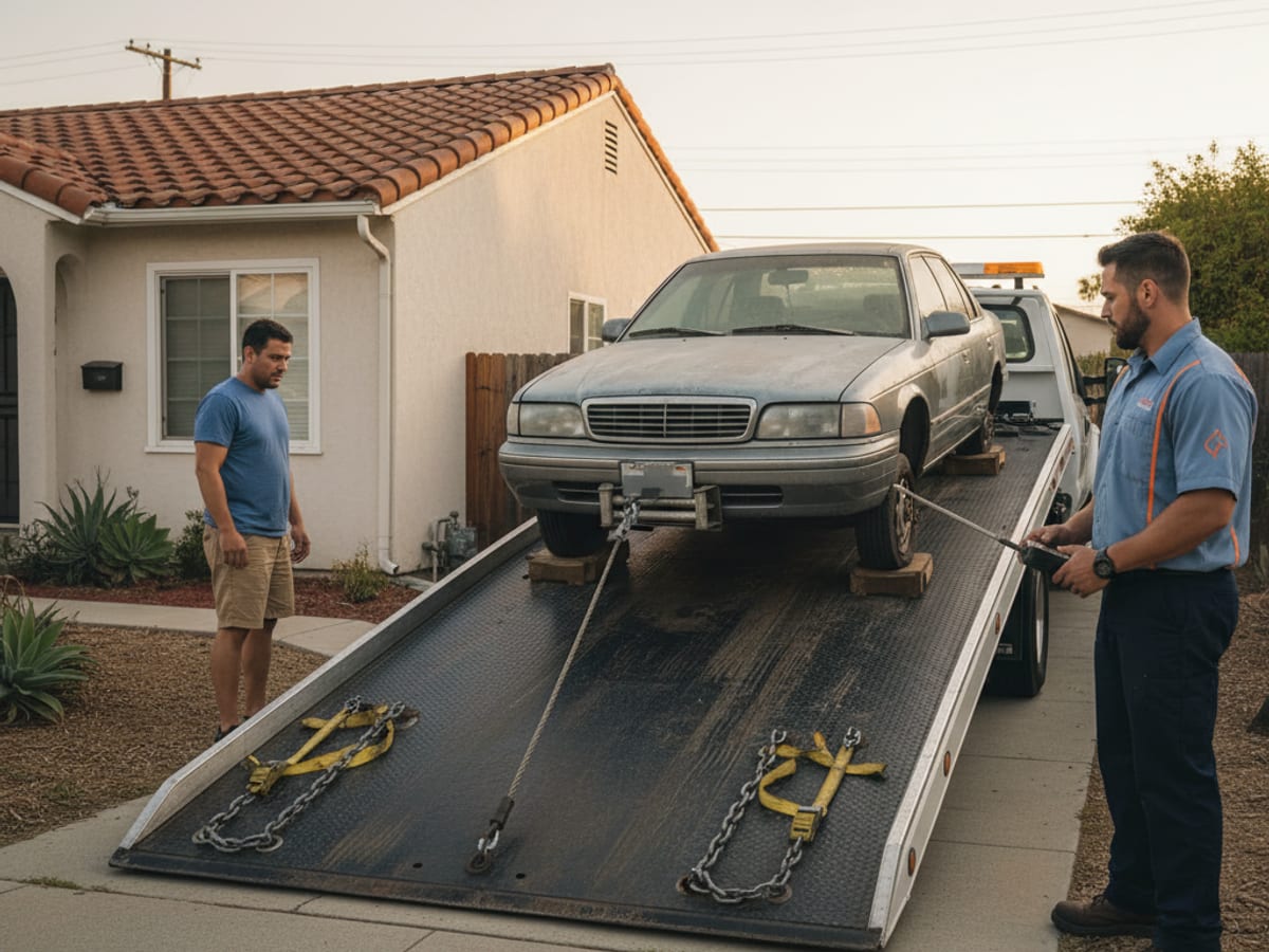 Independent operator flatbed loading a non-running sedan from a southwest Atlanta residential side yard