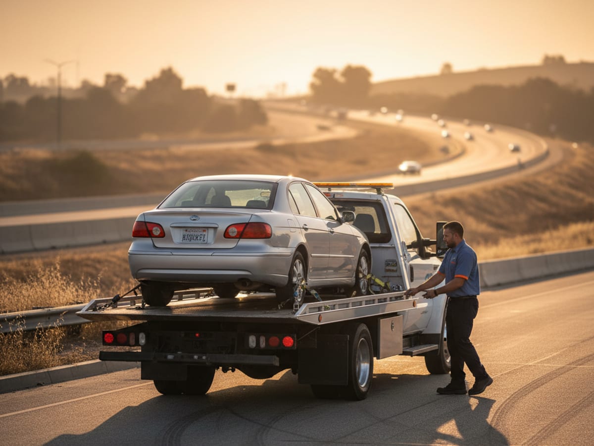 Independent operator preparing a flatbed for a long-distance interstate tow at sunrise on the I-75 shoulder