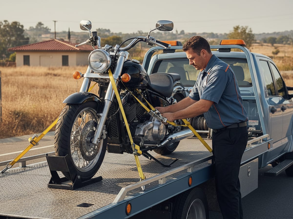 Independent operator securing a Harley-Davidson cruiser on a low-deck flatbed near a North Georgia riding route