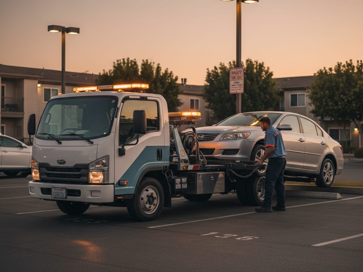 Independent operator truck working a permit-parking apartment complex lot in a metro Atlanta suburb at dusk