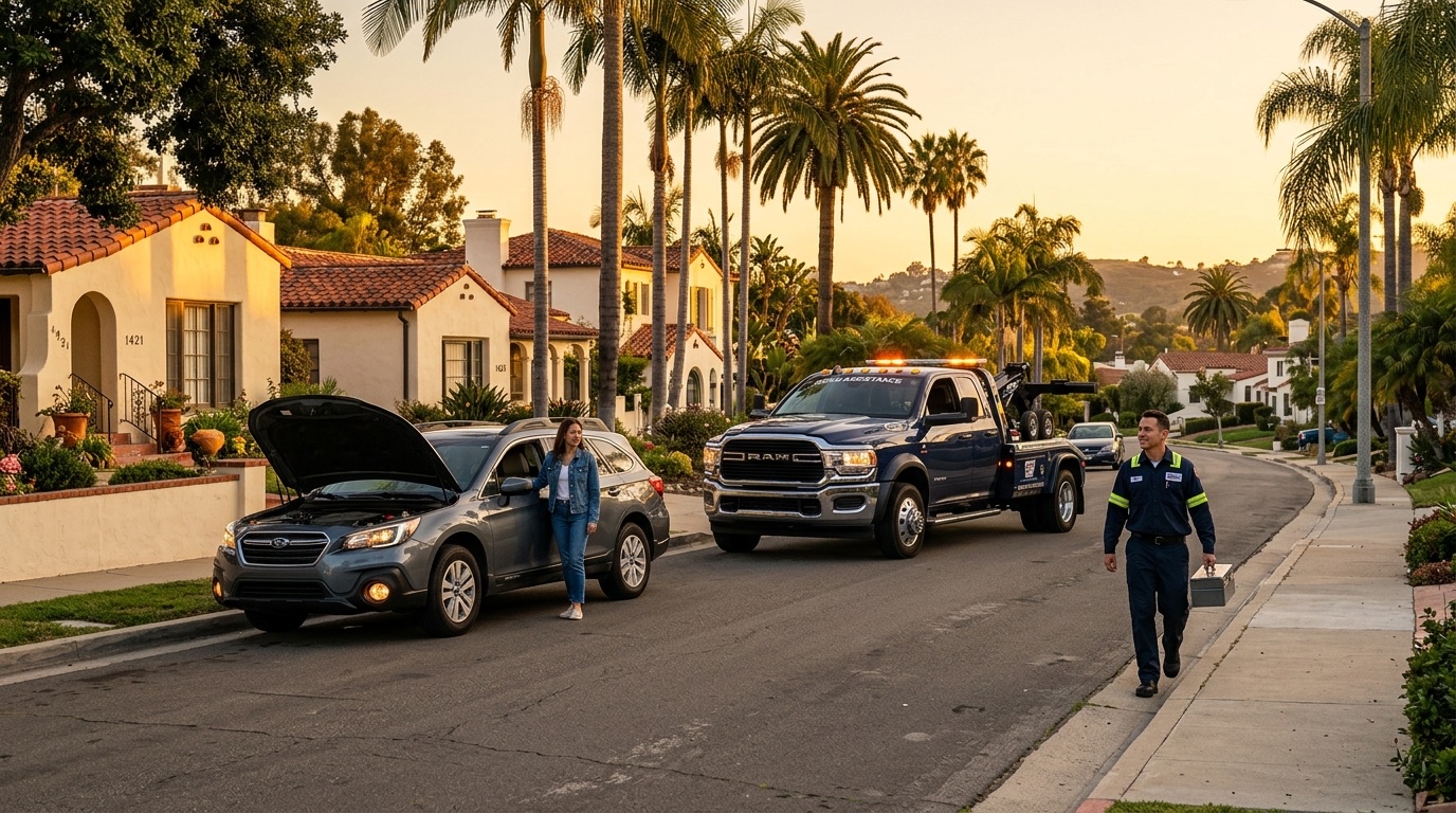Independent operator arriving at a stranded vehicle in an Atlanta parking lot to provide pay-per-call roadside service