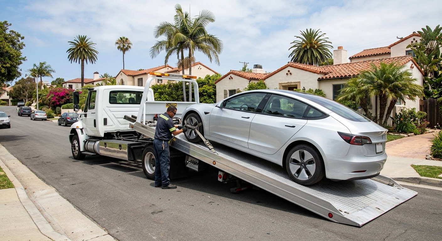 Independent operator flatbed loading a Tesla Model 3 with soft straps in an Atlanta driveway, charge port closed and Transport Mode engaged