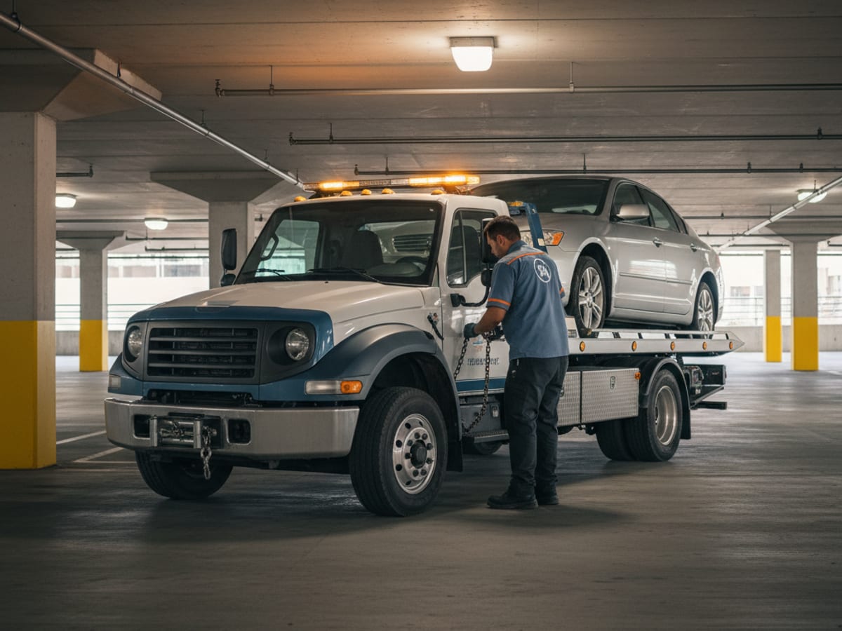 Independent operator wheel-lift truck hooking a Honda sedan on a narrow Atlanta side street